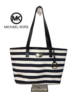 Michael Kors Black and White Striped Canvas Tote with Silver MK Charm